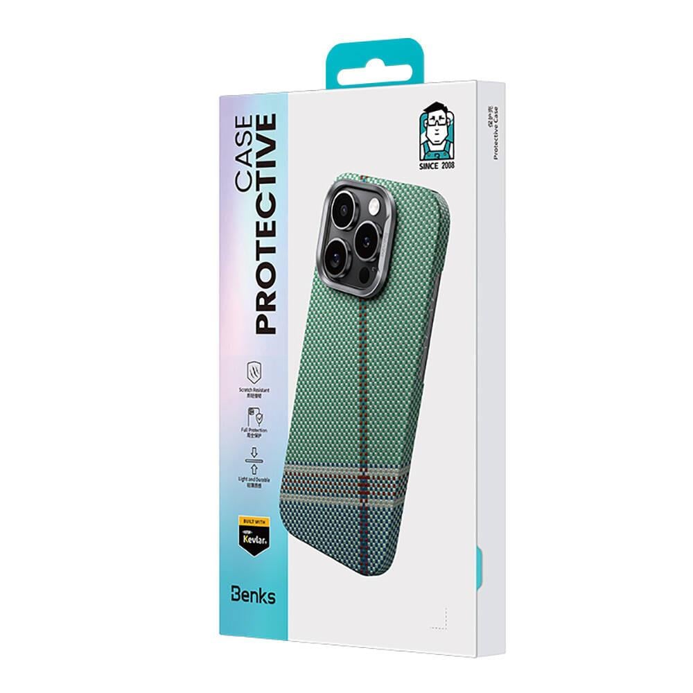 Apple iPhone 15 Pro Max Kılıf M-safe Şarj Özellikli Karbon Fiber Tasarımlı Benks Passion Green ArmorAir Kevlar Kapak