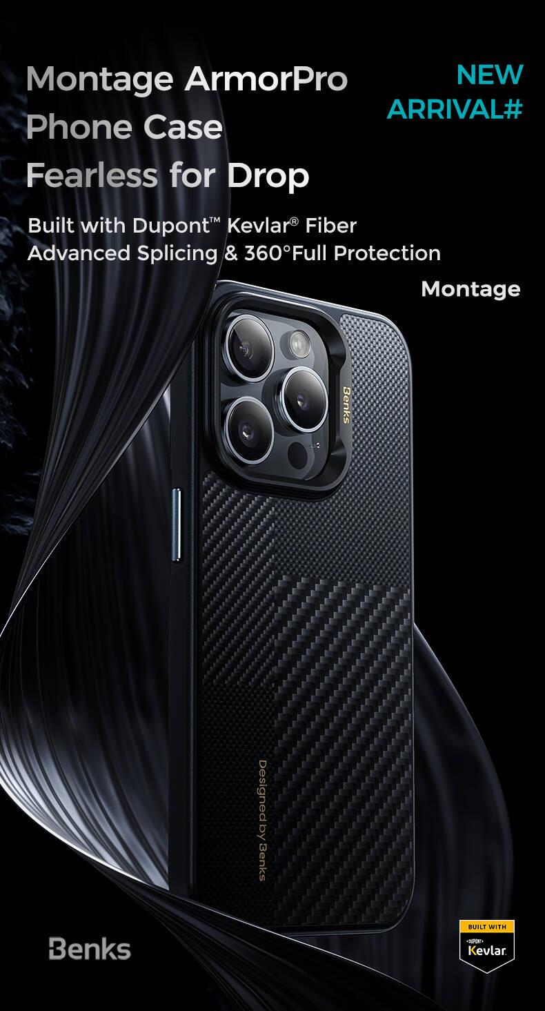 Apple iPhone 15 Pro Max Kılıf M-safe Şarj Özellikli Karbon Fiber Benks Montage Hybrid ArmorPro Kevlar Kapak