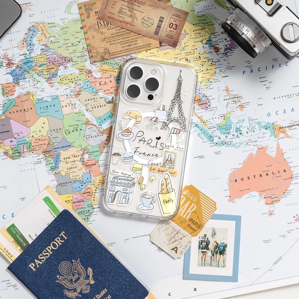 Apple iPhone 15 Pro Max Kılıf M-safe Şarj Özellikli Çizim Desenli Şok Önleyicili Şeffaf Lisanslı Switcheasy City-M Paris Kapak