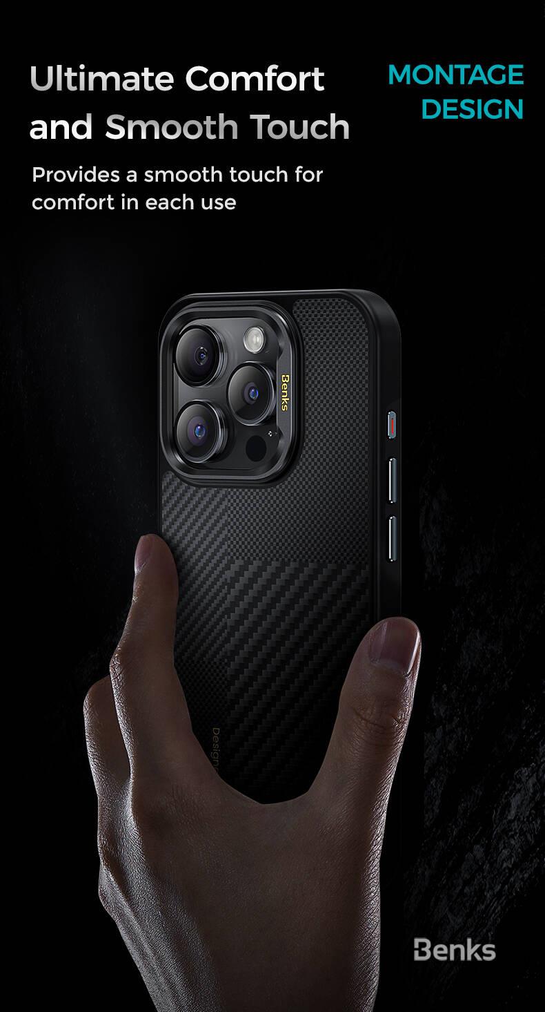 Apple iPhone 15 Pro Max Kılıf M-safe Şarj Özellikli Karbon Fiber Benks Montage Hybrid ArmorPro Kevlar Kapak