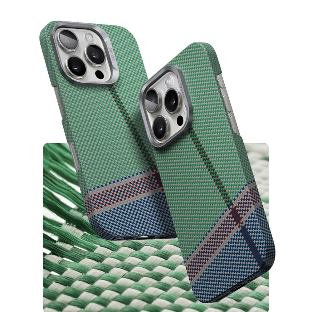 Apple iPhone 15 Pro Max Kılıf M-safe Şarj Özellikli Karbon Fiber Tasarımlı Benks Passion Green ArmorAir Kevlar Kapak