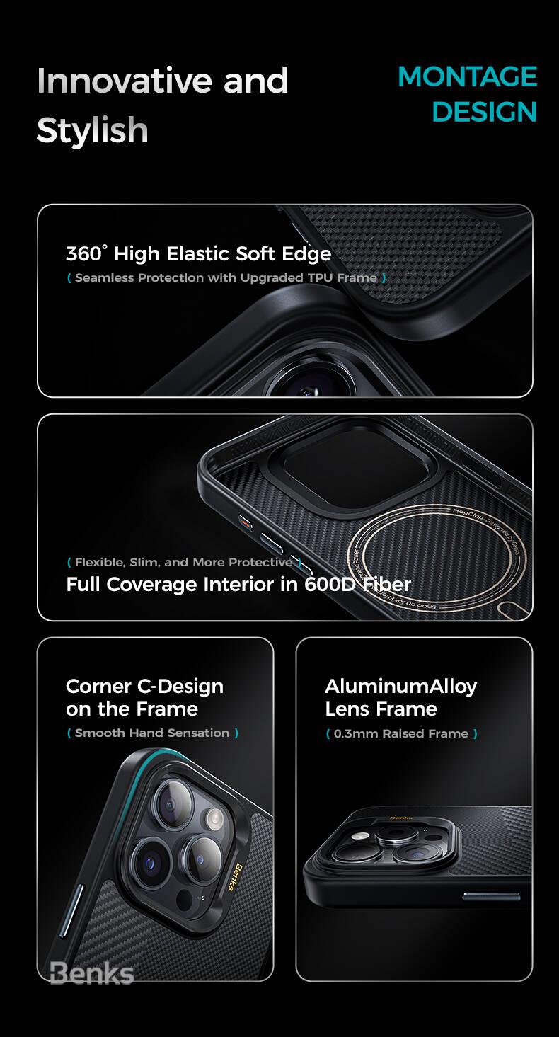 Apple iPhone 15 Pro Max Kılıf M-safe Şarj Özellikli Karbon Fiber Benks Montage Hybrid ArmorPro Kevlar Kapak
