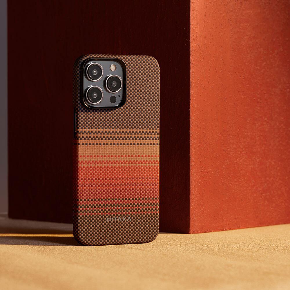 Apple iPhone 15 Pro Max Kılıf M-safe Şarj Özellikli Aramid Fiber Pitaka Tactile Woven Sunset-Moonrise Serisi Sunset Kapak