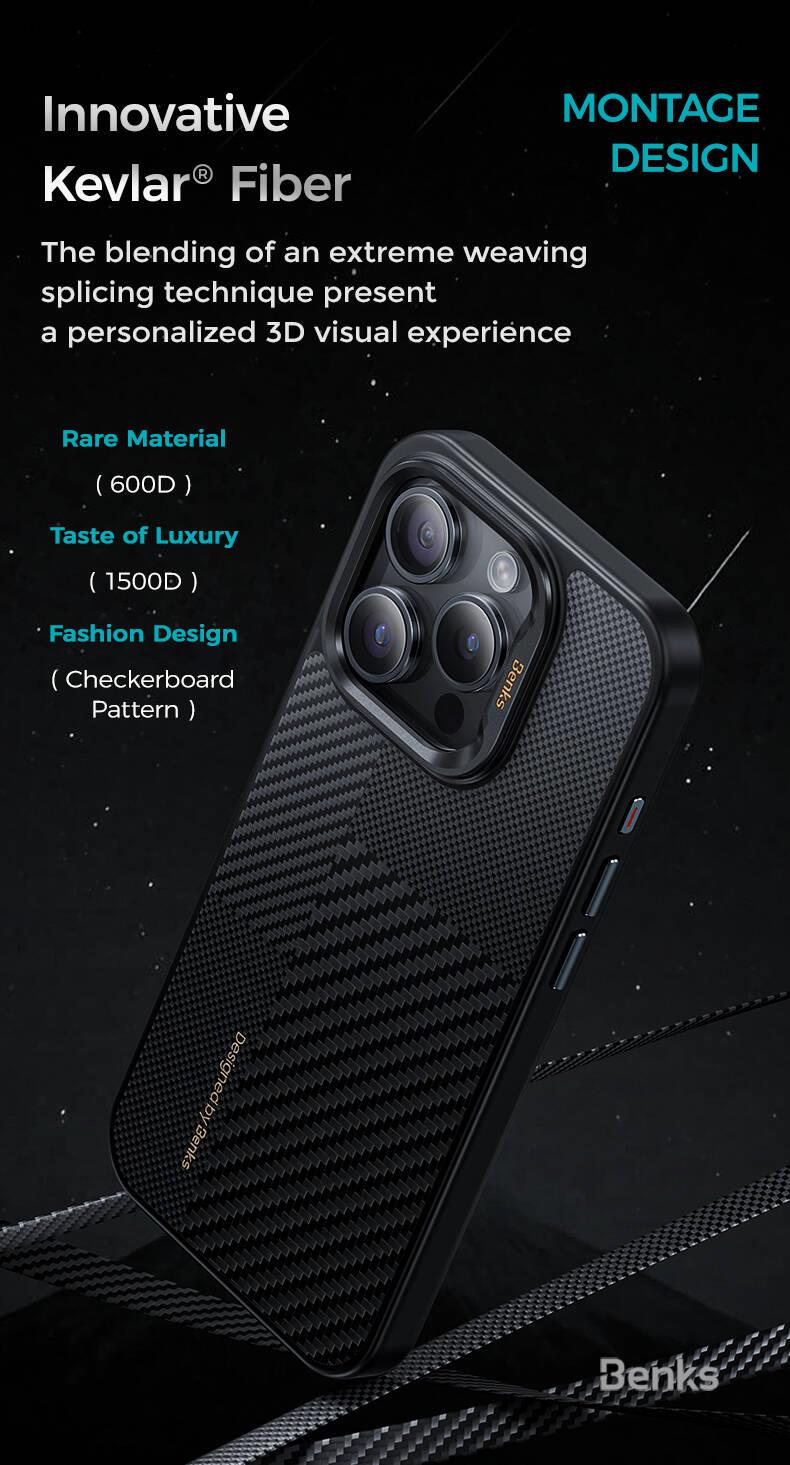 Apple iPhone 15 Pro Max Kılıf M-safe Şarj Özellikli Karbon Fiber Benks Montage Hybrid ArmorPro Kevlar Kapak