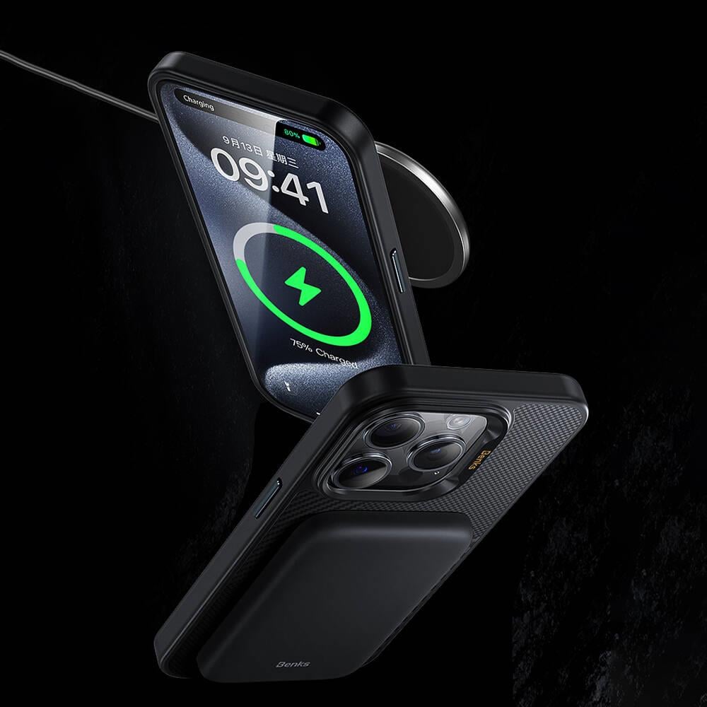 Apple iPhone 15 Pro Max Kılıf M-safe Şarj Özellikli Karbon Fiber Benks Montage Hybrid ArmorPro Kevlar Kapak