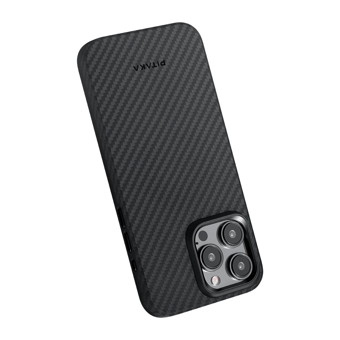 Apple iPhone 15 Pro Max Kılıf M-safe Şarj Özellikli 1500D Aramid Fiber Pitaka Military-Grade Classic Serisi Black-Grey Twill Kapak