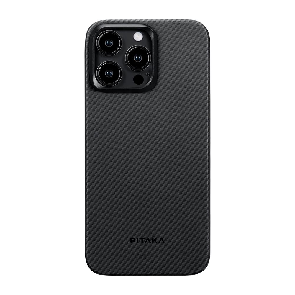 Apple iPhone 15 Pro Max Kılıf M-safe Şarj Özellikli 600D Aramid Fiber Pitaka Ultra-Slim Classic Serisi Black-Grey Twill Kapak