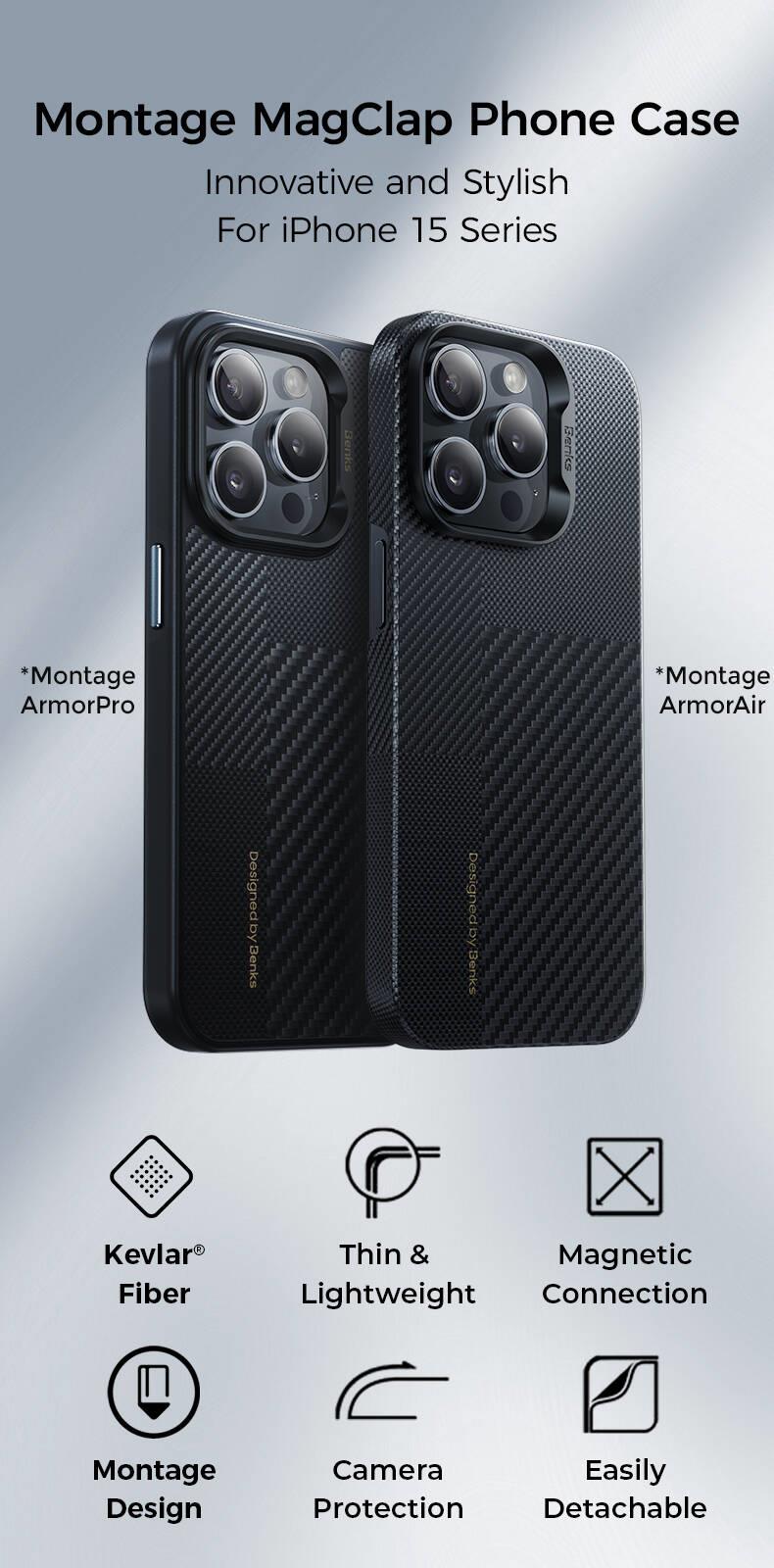 Apple iPhone 15 Pro Max Kılıf M-safe Şarj Özellikli Karbon Fiber Benks Montage Hybrid ArmorPro Kevlar Kapak