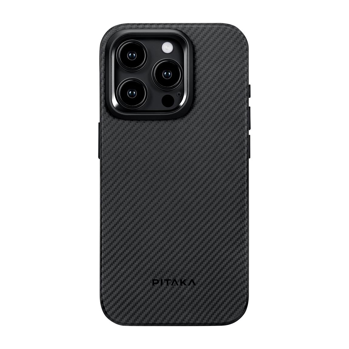 Apple iPhone 15 Pro Max Kılıf M-safe Şarj Özellikli 600D Aramid Fiber Pitaka Military-Grade Classic Serisi Black-Grey Twill Kapak