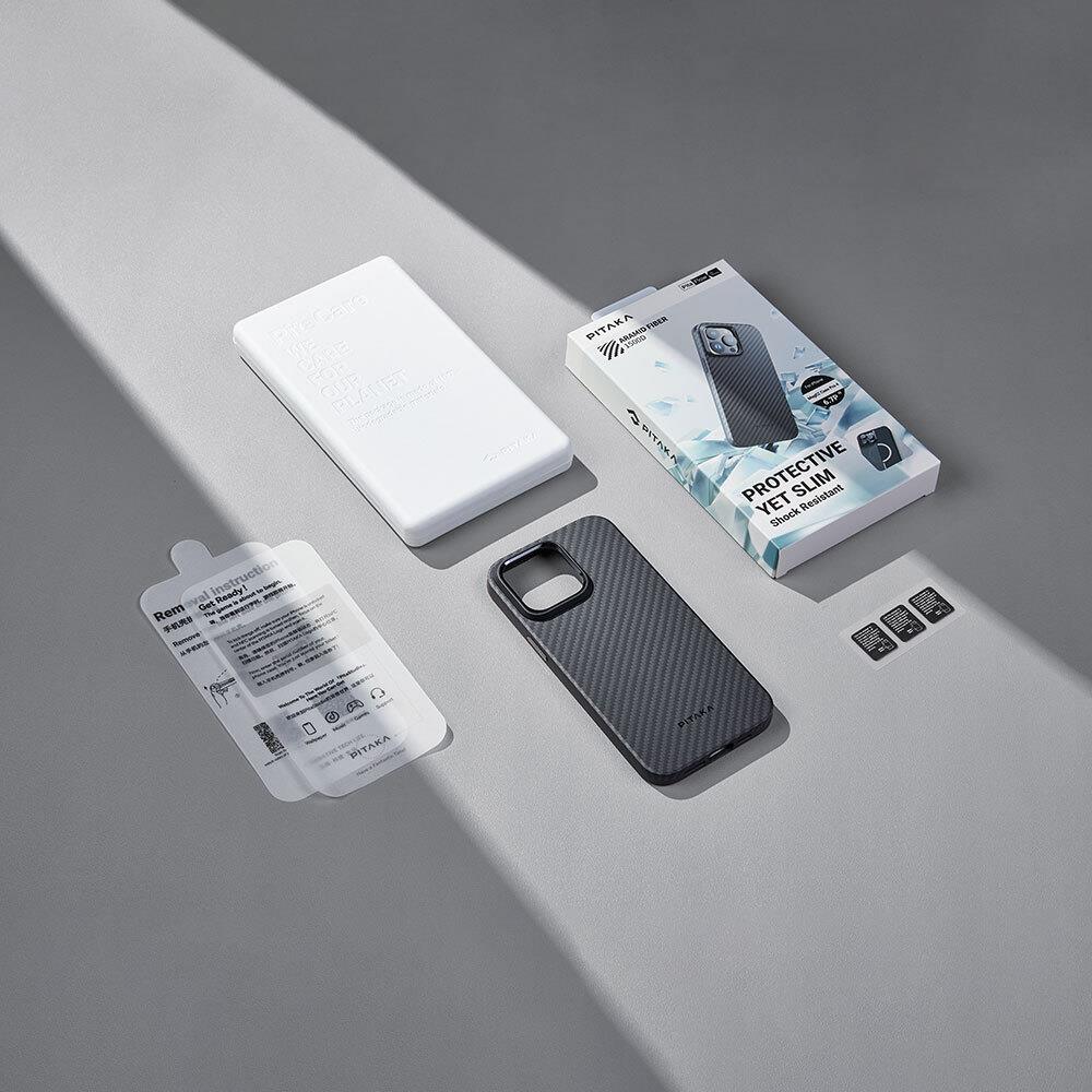 Apple iPhone 15 Pro Max Kılıf M-safe Şarj Özellikli 1500D Aramid Fiber Pitaka Military-Grade Classic Serisi Black-Grey Twill Kapak