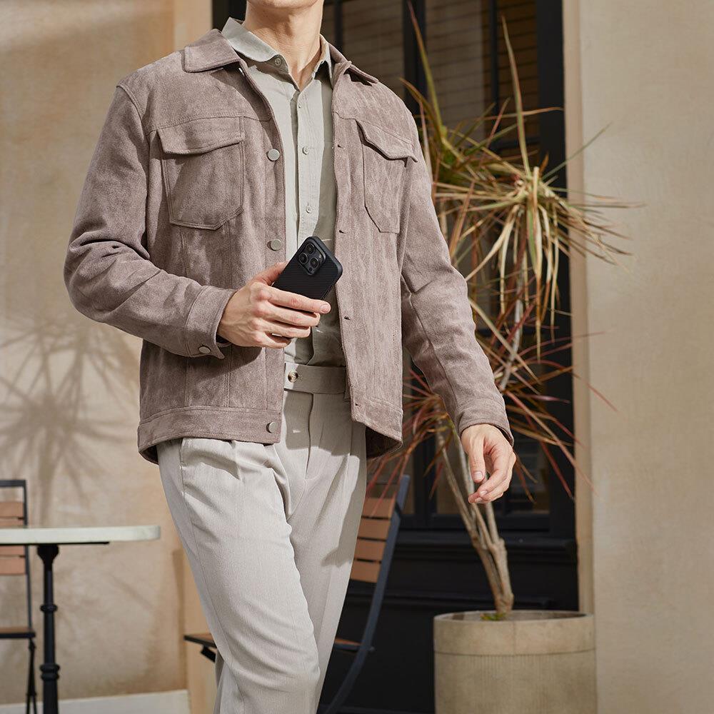 Apple iPhone 15 Pro Max Kılıf M-safe Şarj Özellikli 600D Aramid Fiber Pitaka Military-Grade Classic Serisi Black-Grey Twill Kapak