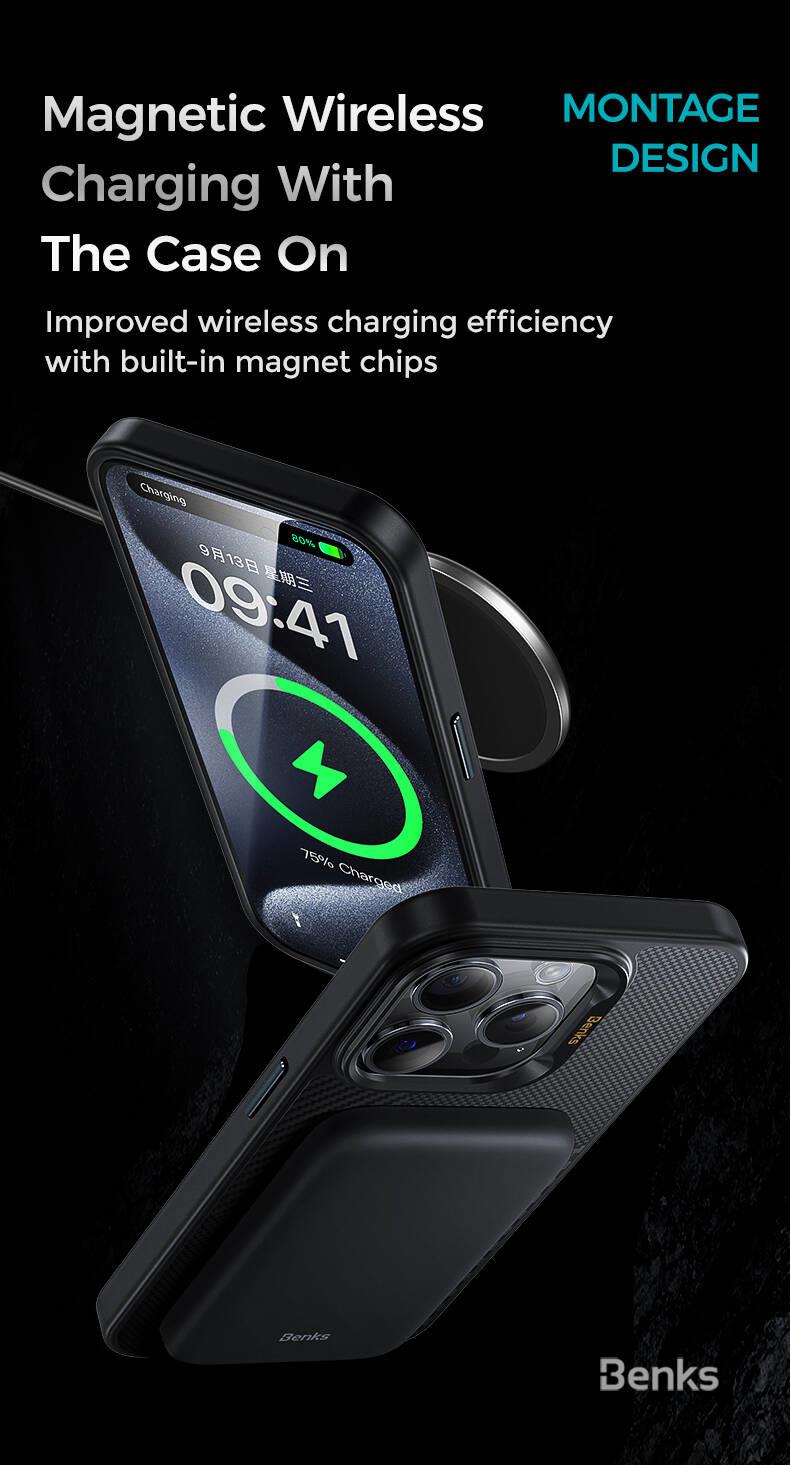 Apple iPhone 15 Pro Max Kılıf M-safe Şarj Özellikli Karbon Fiber Benks Montage Hybrid ArmorPro Kevlar Kapak