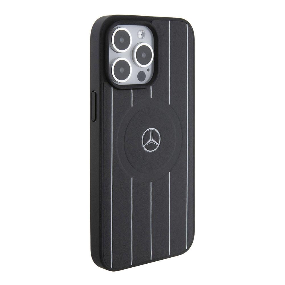 Apple iPhone 15 Pro Max Kılıf Mercedes Benz Orjinal Lisanslı M-safe Şarj Özellikli Baskı Logolu Paralel Çizgi Desenli Deri Kapak