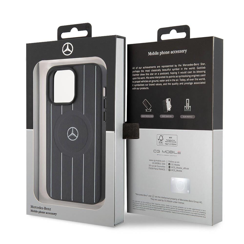 Apple iPhone 15 Pro Max Kılıf Mercedes Benz Orjinal Lisanslı M-safe Şarj Özellikli Baskı Logolu Paralel Çizgi Desenli Deri Kapak