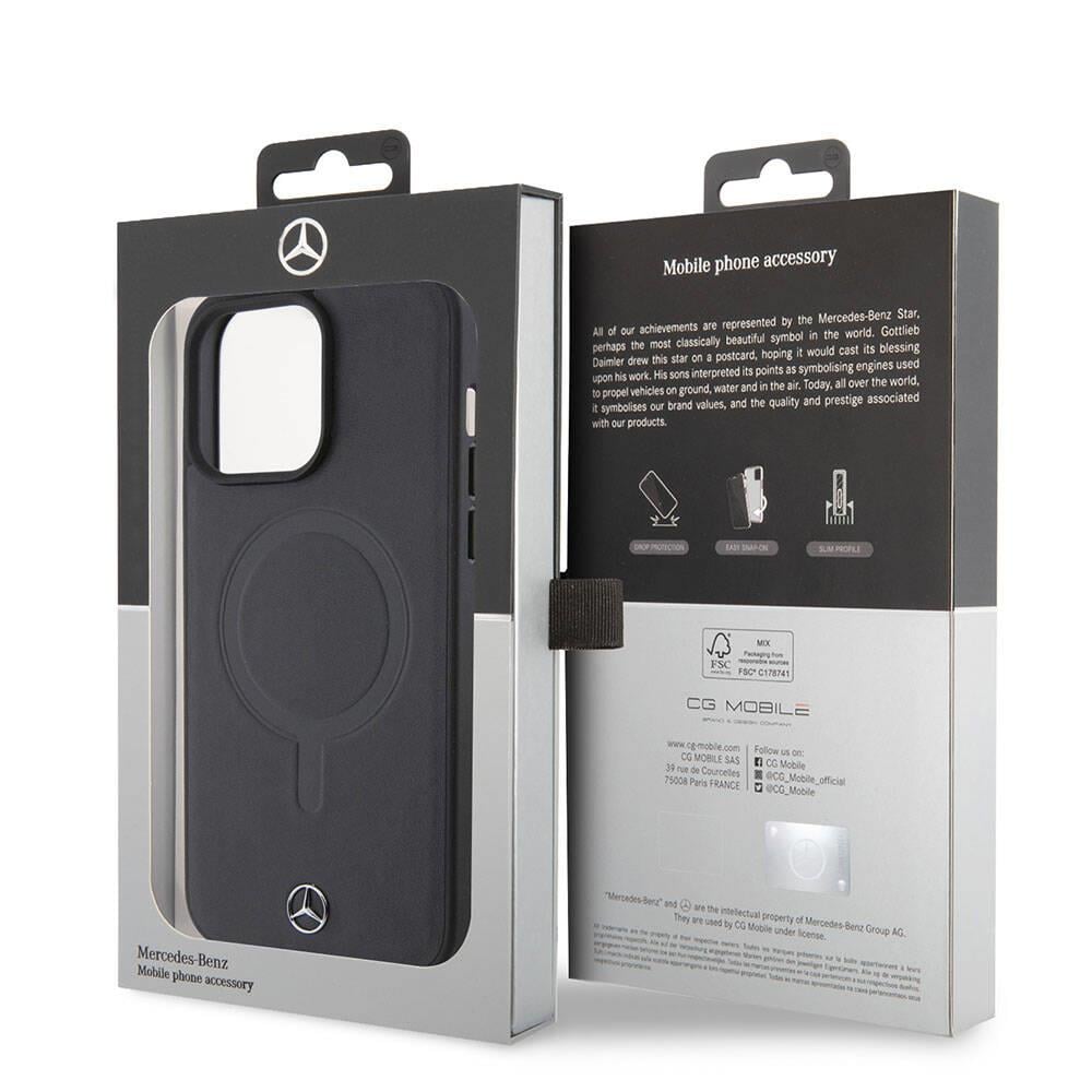 Apple iPhone 15 Pro Max Kılıf Mercedes Benz Orjinal Lisanslı M-safe Şarj Özellikli Metal Yıldız Logolu Pürüzsüz Deri Kapak