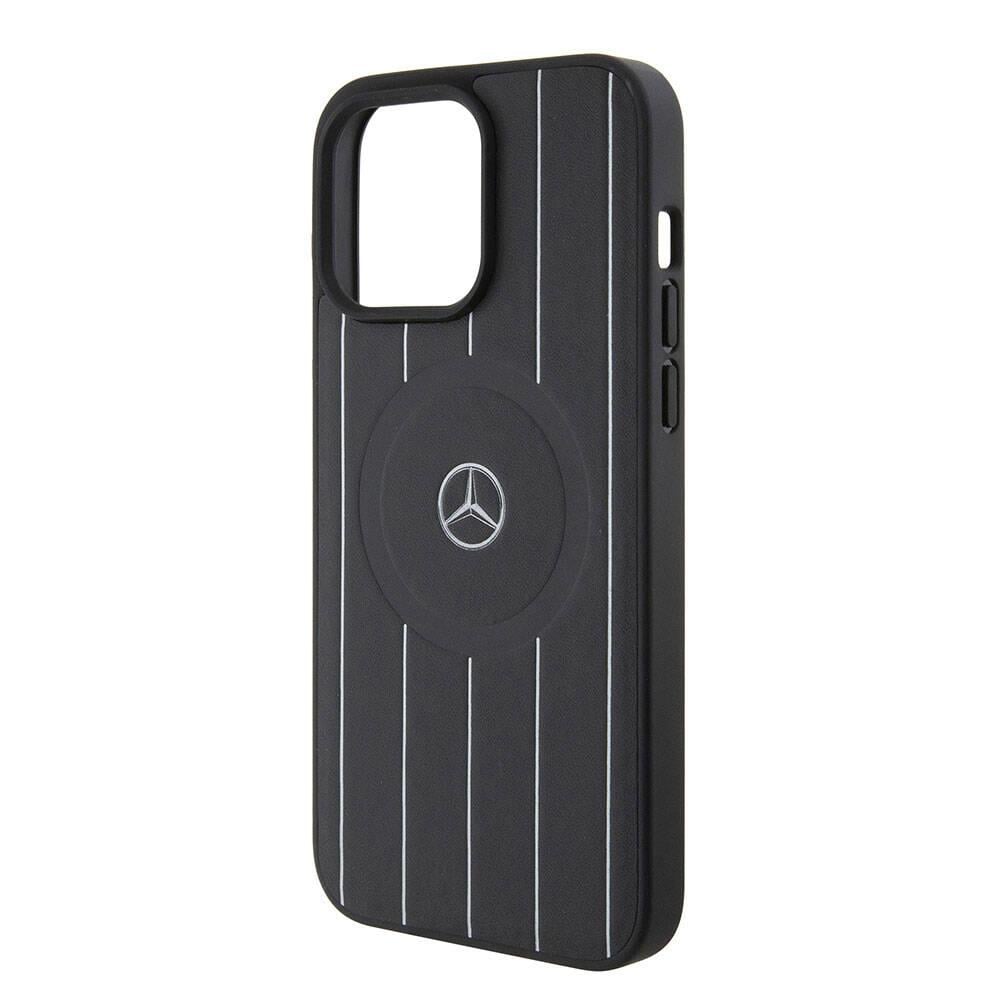 Apple iPhone 15 Pro Max Kılıf Mercedes Benz Orjinal Lisanslı M-safe Şarj Özellikli Baskı Logolu Paralel Çizgi Desenli Deri Kapak