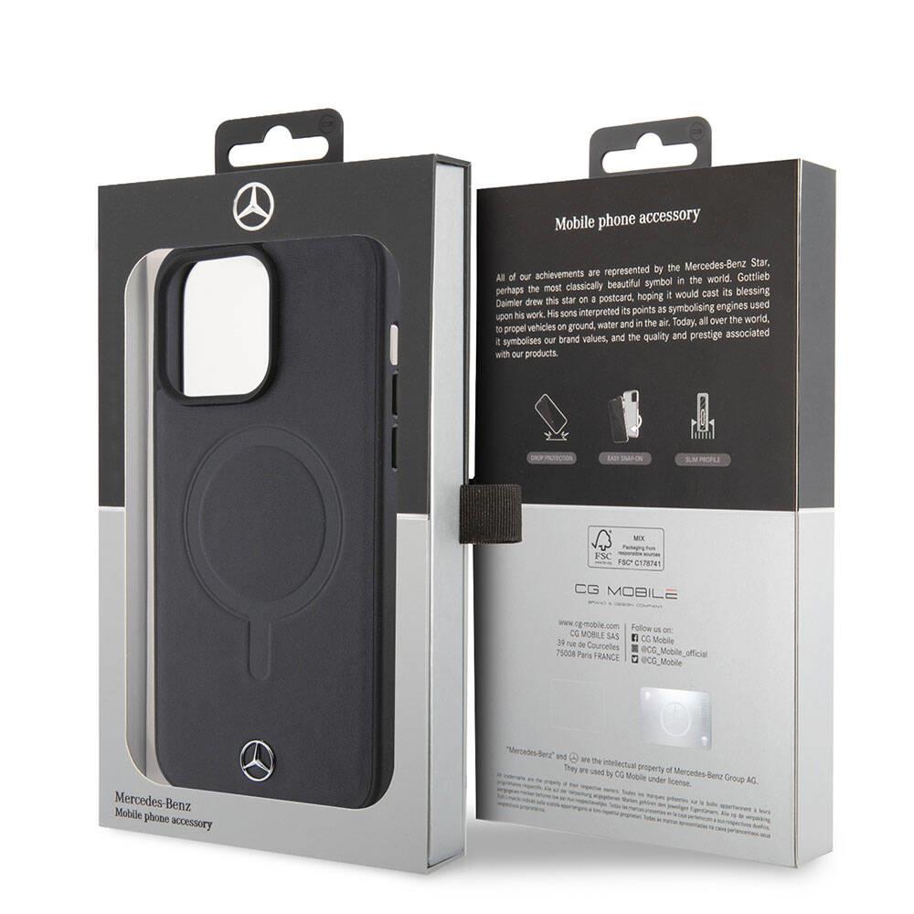 Apple iPhone 15 Pro Max Kılıf Mercedes Benz Orjinal Lisanslı M-safe Şarj Özellikli Metal Yıldız Logolu Pürüzsüz Deri Kapak