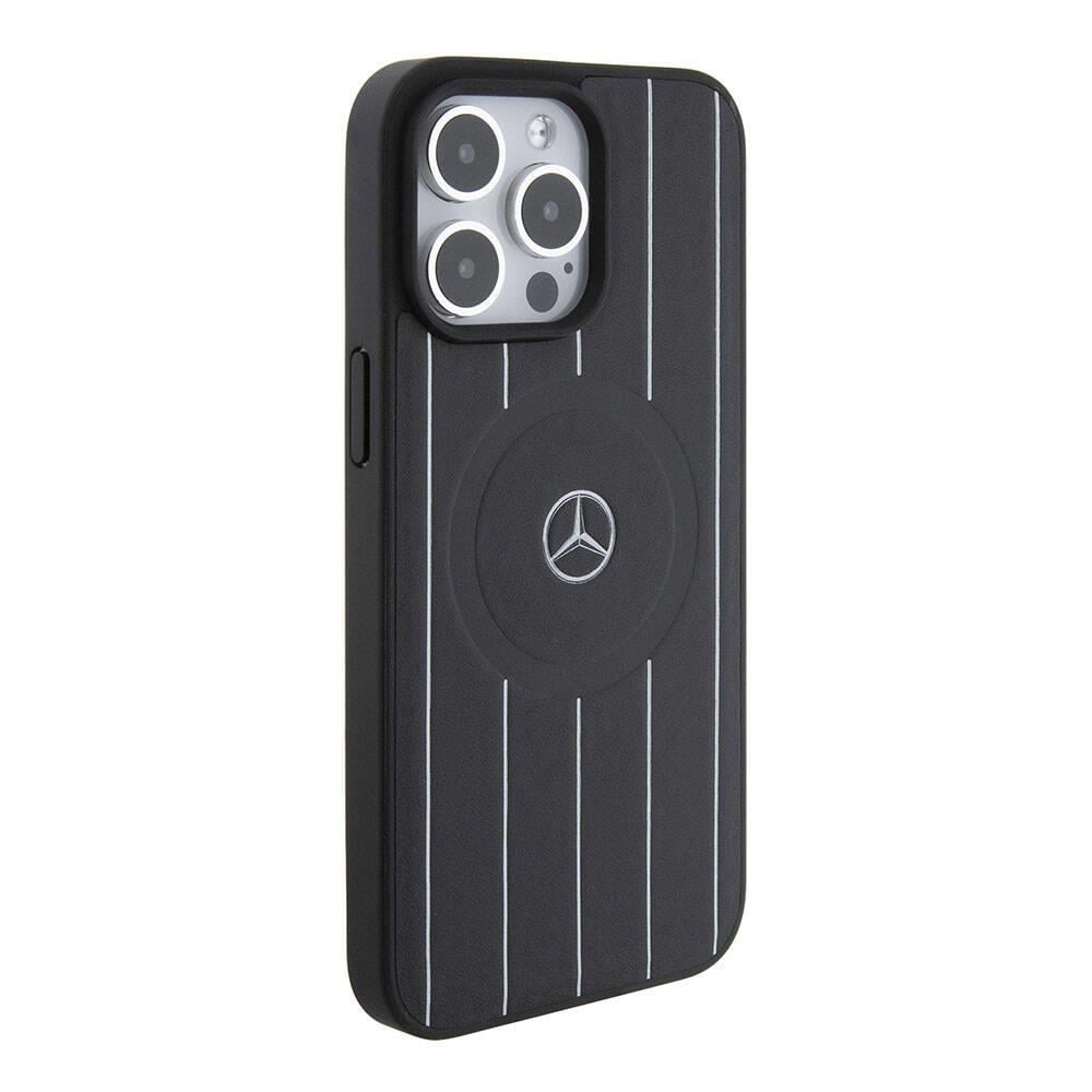 Apple iPhone 15 Pro Max Kılıf Mercedes Benz Orjinal Lisanslı M-safe Şarj Özellikli Baskı Logolu Paralel Çizgi Desenli Deri Kapak