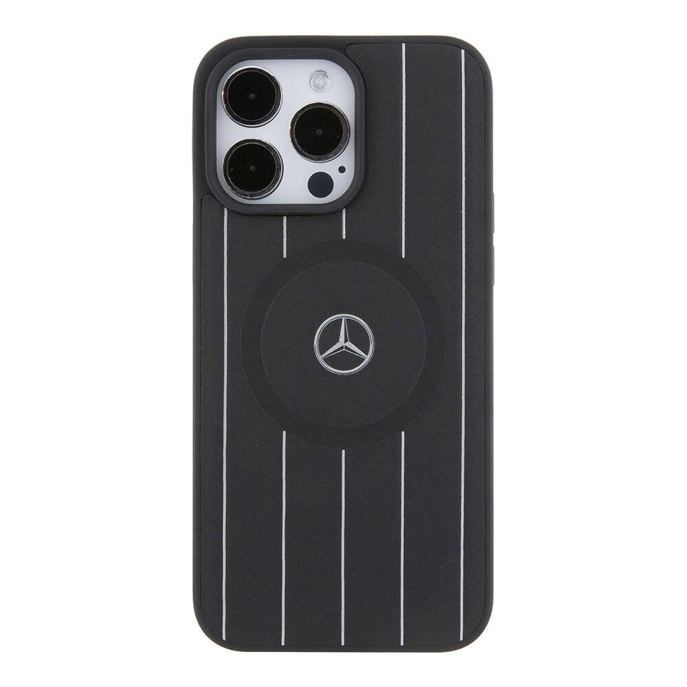 Apple iPhone 15 Pro Max Kılıf Mercedes Benz Orjinal Lisanslı M-safe Şarj Özellikli Baskı Logolu Paralel Çizgi Desenli Deri Kapak