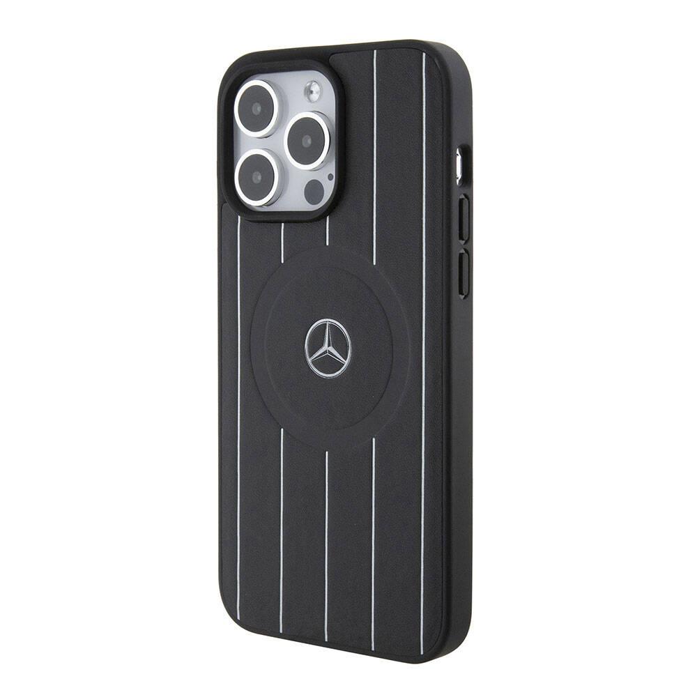 Apple iPhone 15 Pro Max Kılıf Mercedes Benz Orjinal Lisanslı M-safe Şarj Özellikli Baskı Logolu Paralel Çizgi Desenli Deri Kapak