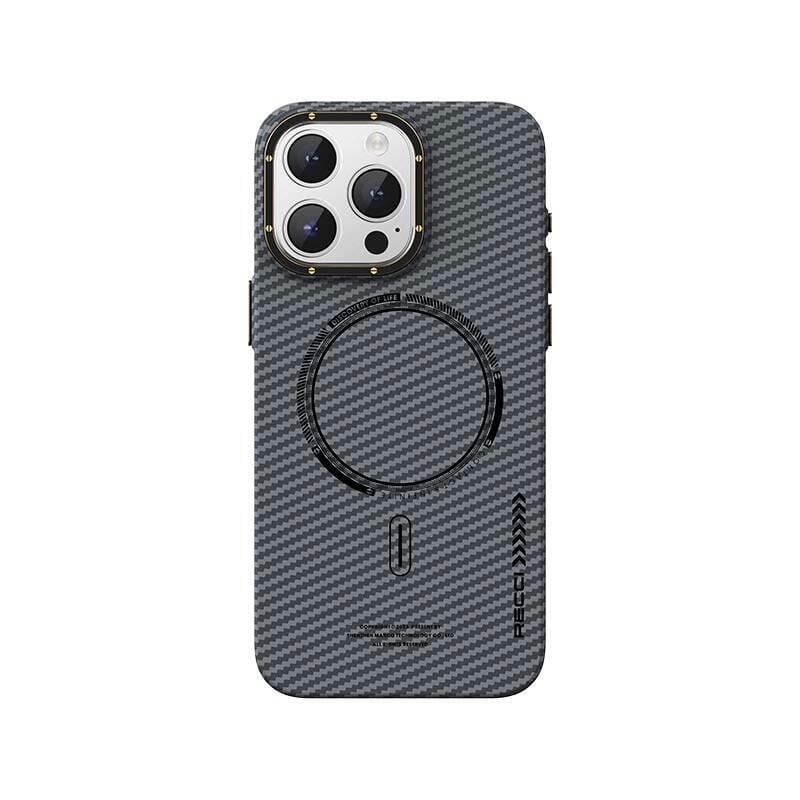 Apple iPhone 15 Pro Max Kılıf Recci Machinist Serisi M-safe Şarj Özellikli Magnetik Karbon Kapak