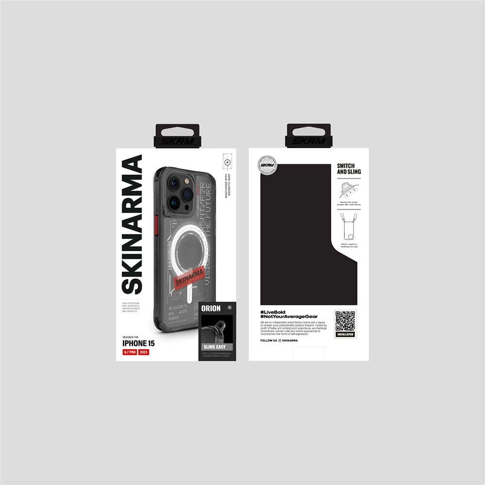 Apple iPhone 15 Pro Max Kılıf SkinArma M-safe Şarj Özellikli Yazı Desenli Airbag Tasarımlı Orion Kapak