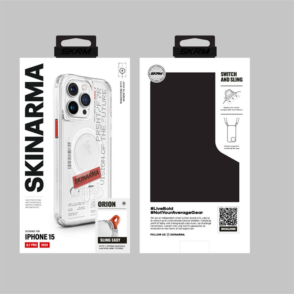 Apple iPhone 15 Pro Max Kılıf SkinArma M-safe Şarj Özellikli Yazı Desenli Airbag Tasarımlı Orion Kapak