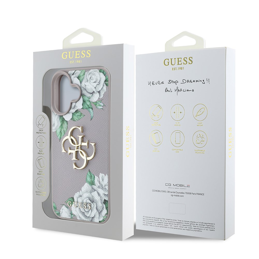 Apple iPhone 16 Kılıf Guess Orjinal Lisanslı Gül Baskılı Büyük Metal Logo Dizaynlı Kapak