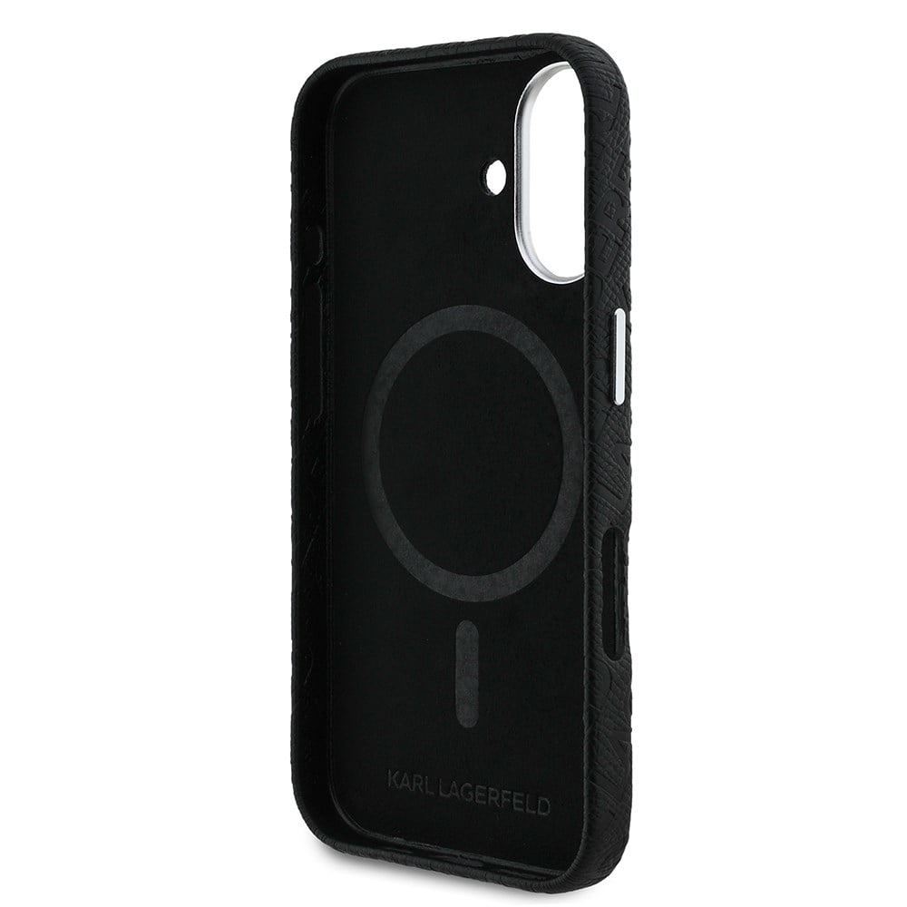 Apple iPhone 16 Kılıf Karl Lagerfeld Orjinal Lisanslı PU Deri Damgalı Metal Yazı Logolu Kapak