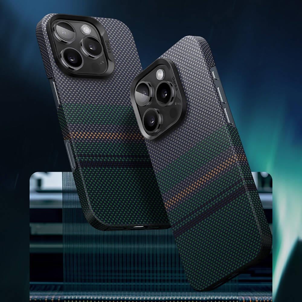 Apple iPhone 16 Kılıf M-safe Şarj Özellikli Karbon Fiber Tasarımlı Benks Aurora ArmorAir Kevlar Kapak