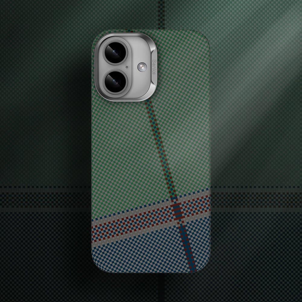 Apple iPhone 16 Kılıf M-safe Şarj Özellikli Karbon Fiber Tasarımlı Benks Passion Green ArmorAir Kevlar Kapak
