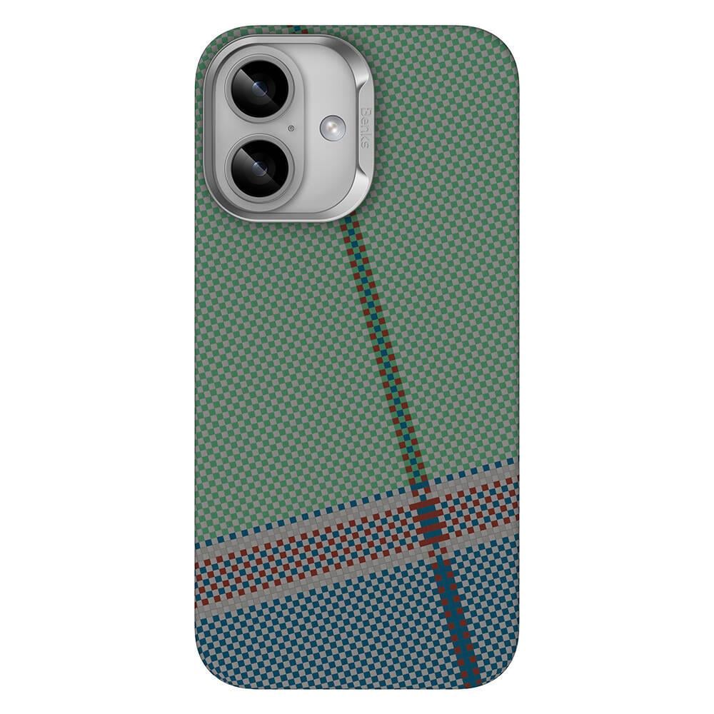 Apple iPhone 16 Kılıf M-safe Şarj Özellikli Karbon Fiber Tasarımlı Benks Passion Green ArmorAir Kevlar Kapak