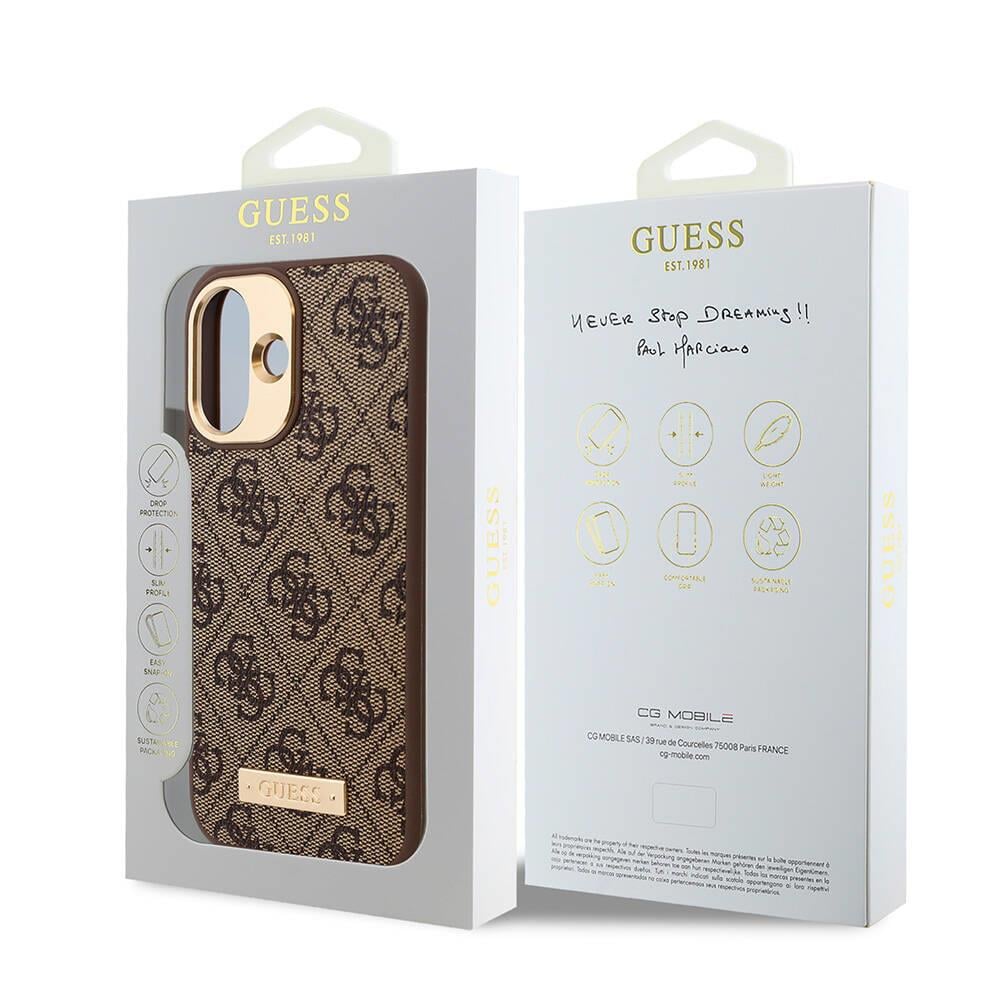 Apple iPhone 16 Plus Kılıf Guess Orjinal Lisanslı M-safe Şarj Özellikli PU 4G Desenli Metal Plaka Klasik Logolu Kapak