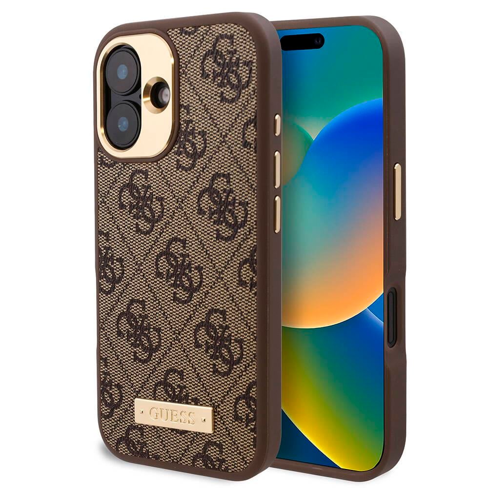 Apple iPhone 16 Plus Kılıf Guess Orjinal Lisanslı M-safe Şarj Özellikli PU 4G Desenli Metal Plaka Klasik Logolu Kapak