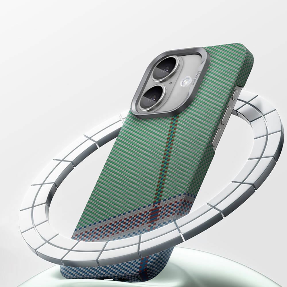 Apple iPhone 16 Plus Kılıf M-safe Şarj Özellikli Karbon Fiber Tasarımlı Benks Passion Green ArmorAir Kevlar Kapak