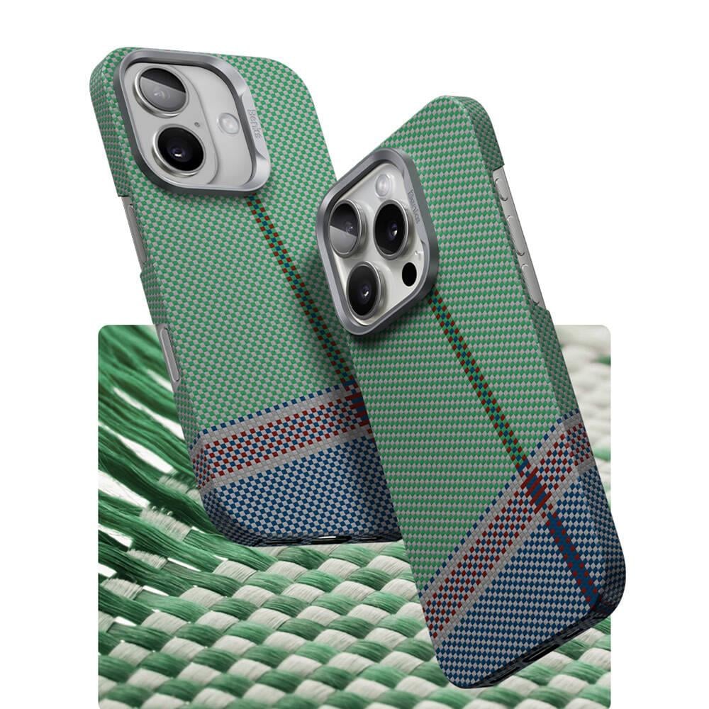 Apple iPhone 16 Plus Kılıf M-safe Şarj Özellikli Karbon Fiber Tasarımlı Benks Passion Green ArmorAir Kevlar Kapak