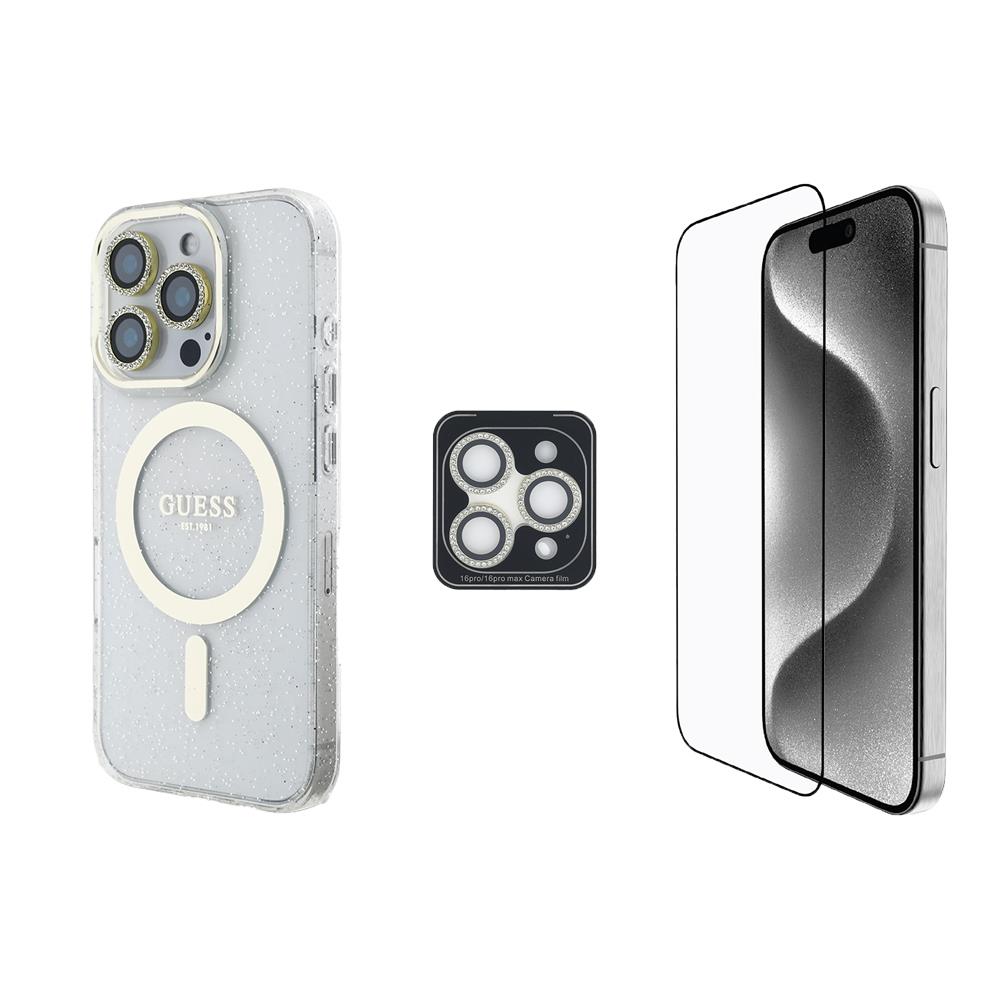 Apple iPhone 16 Pro Guess Orjinal Lisanslı 3'lü Aksesuar Seti IML Baskılı Simli Glitter Kılıf + Ekran Koruyucu + Lens Koruyucu