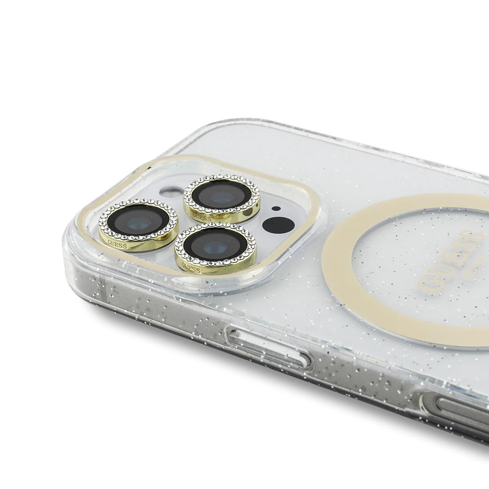 Apple iPhone 16 Pro Guess Orjinal Lisanslı 3'lü Aksesuar Seti IML Baskılı Simli Glitter Kılıf + Ekran Koruyucu + Lens Koruyucu