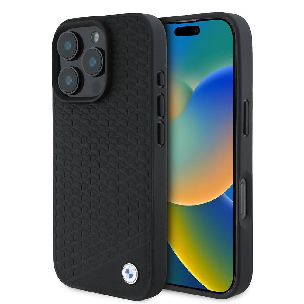 Apple iPhone 16 Pro Kılıf BMW Orjinal Lisanslı M-safe Şarj Özellikli Metal Logolu Dokulu Diamond Deri Kapak