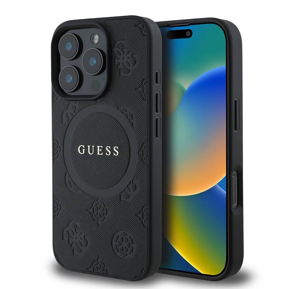 Apple iPhone 16 Pro Kılıf Guess Orjinal Lisanslı M-safe Şarj Özellikli Yazı Logolu Saffiano Peony Kapak
