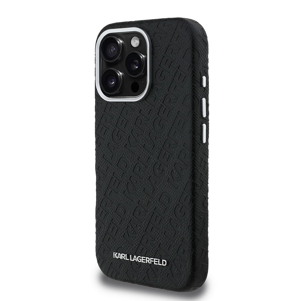 Apple iPhone 16 Pro Kılıf Karl Lagerfeld Orjinal Lisanslı PU Deri Damgalı Metal Yazı Logolu Kapak