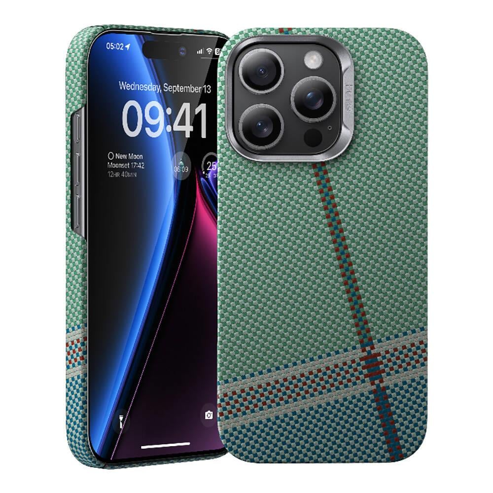 Apple iPhone 16 Pro Kılıf M-safe Şarj Özellikli Karbon Fiber Tasarımlı Benks Passion Green ArmorAir Kevlar Kapak
