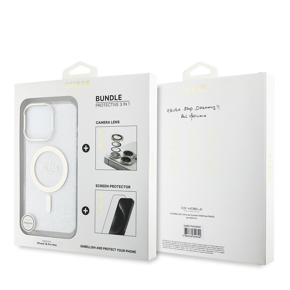 Apple iPhone 16 Pro Max Guess Orjinal Lisanslı 3'lü Aksesuar Seti IML Baskılı Simli Glitter Kılıf + Ekran Koruyucu + Lens Koruyucu