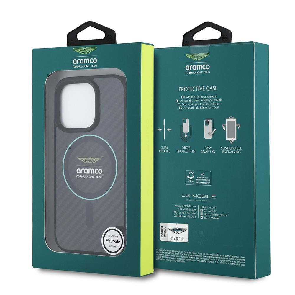 Apple iPhone 16 Pro Max Kılıf Aston Martin Orjinal Lisanslı M-safe Şarj Özellikli Renkli Halka ve Karbon Fiber Tasarımlı Kapak