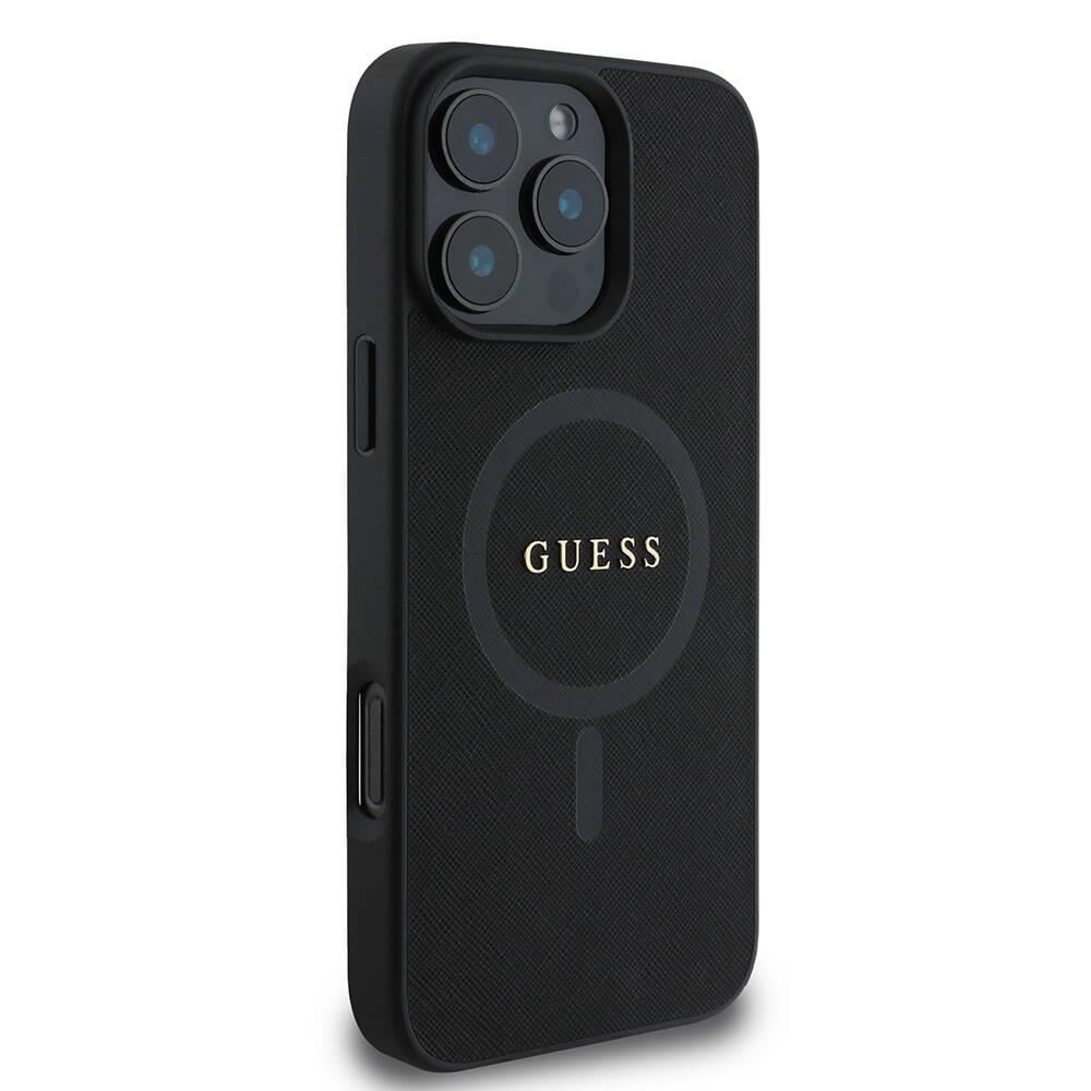 Apple iPhone 16 Pro Max Kılıf Guess Orjinal Lisanslı M-safe Şarj Özellikli Yazı Logolu Saffiano Classic Kapak