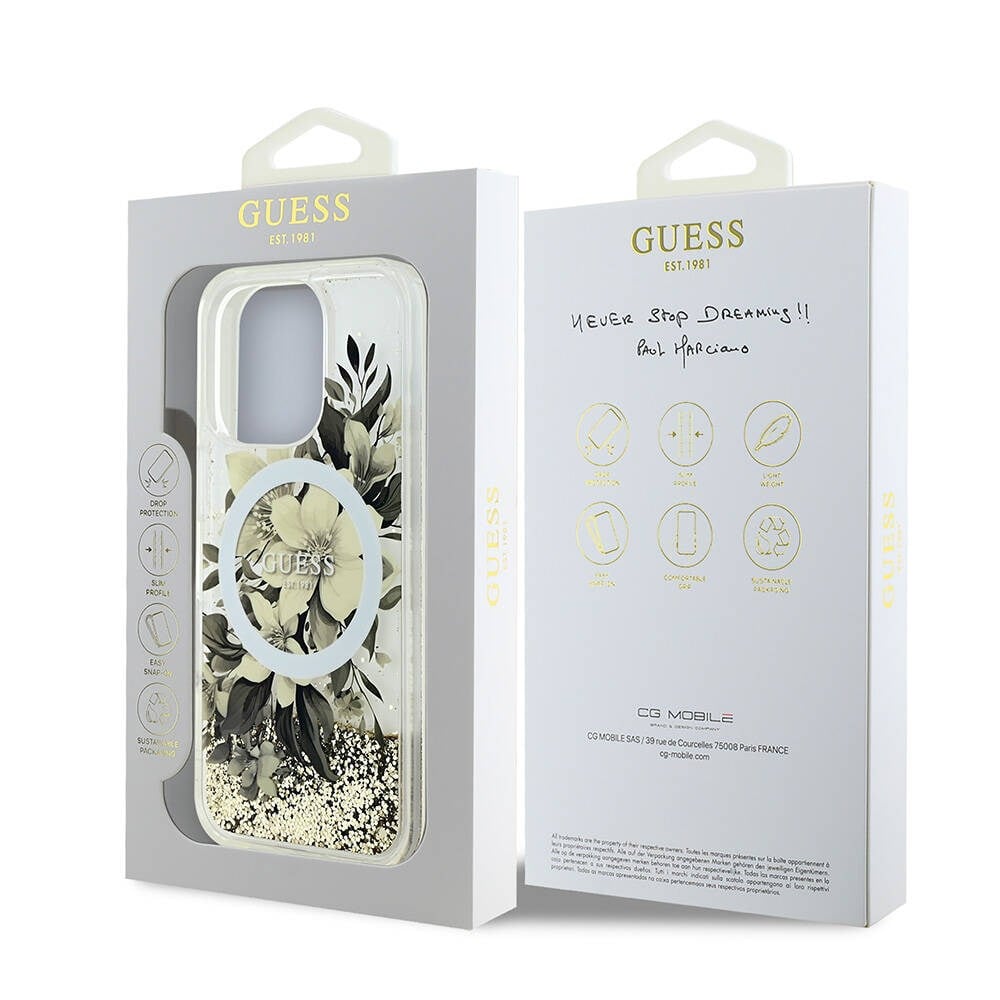 Apple iPhone 16 Pro Max Kılıf Guess Orjinal Lisanslı M-safe Şarj Özellikli Taneli Çiçek Tasarımlı Metal Yazı Logolu Kapak