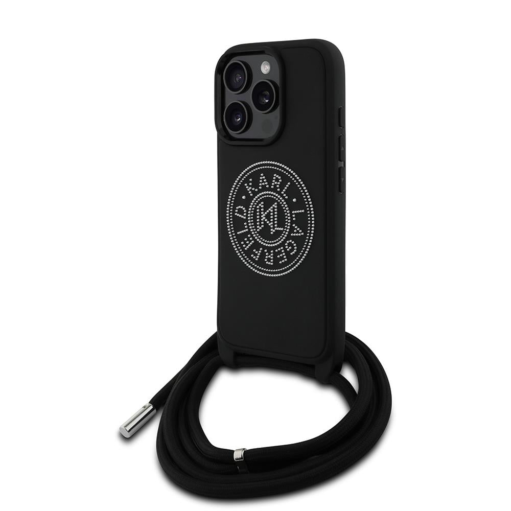 Apple iPhone 16 Pro Max Kılıf Karl Lagerfeld Orjinal Lisanslı Askı İpli Taşlı KL Yazılı Crossbody Cord Kapak