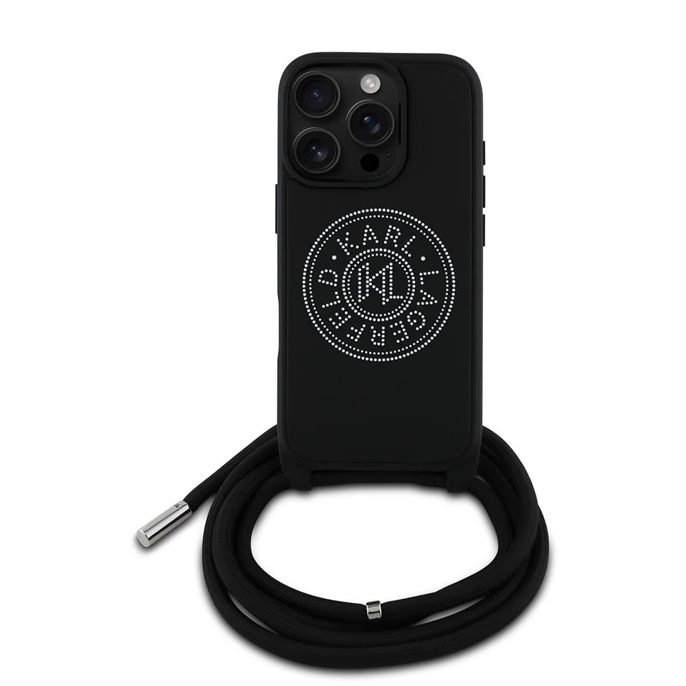 Apple iPhone 16 Pro Max Kılıf Karl Lagerfeld Orjinal Lisanslı Askı İpli Taşlı KL Yazılı Crossbody Cord Kapak