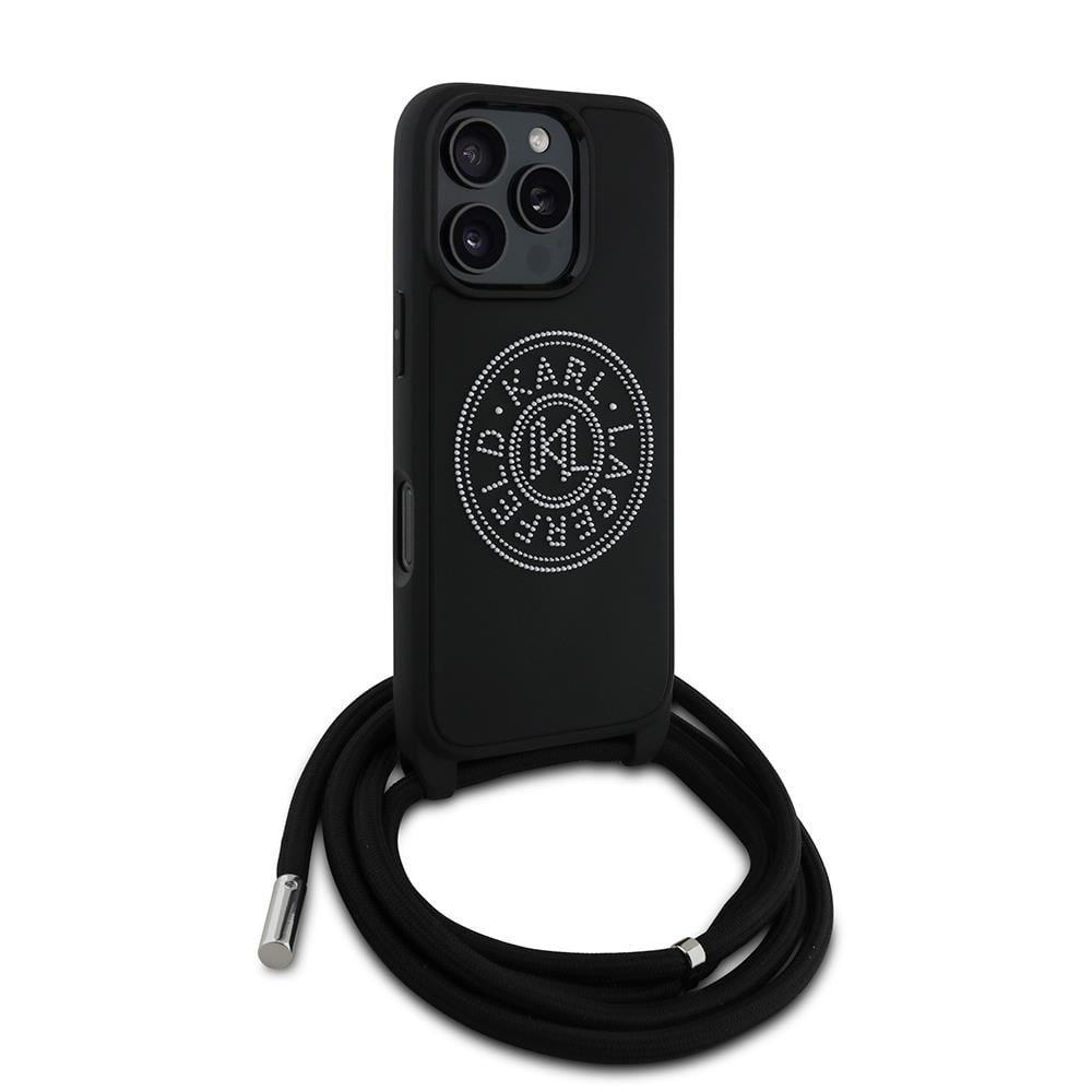 Apple iPhone 16 Pro Max Kılıf Karl Lagerfeld Orjinal Lisanslı Askı İpli Taşlı KL Yazılı Crossbody Cord Kapak