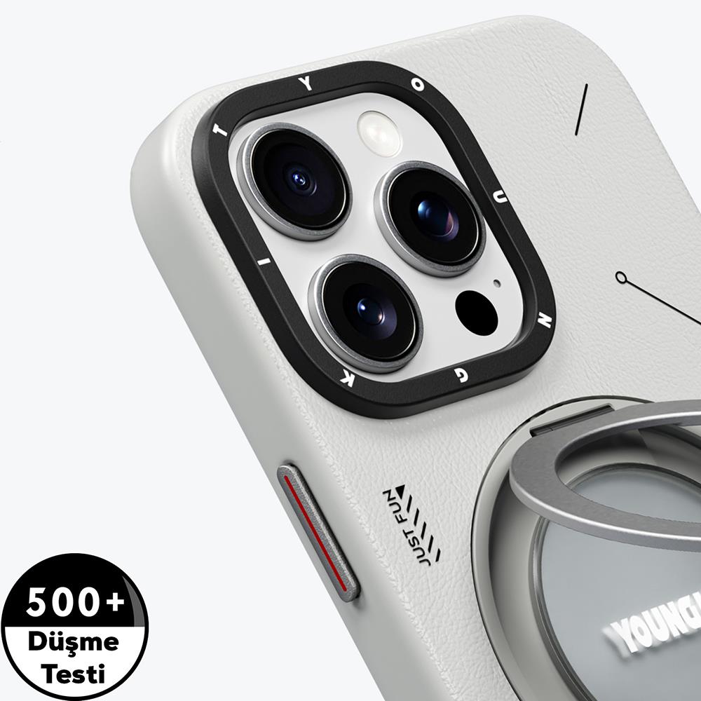 Apple iPhone 16 Pro Max Kılıf M-safe Şarj Özellikli 360° Standlı Basit Mat Deri Desenli Youngkit Tech Leather Serisi Kapak